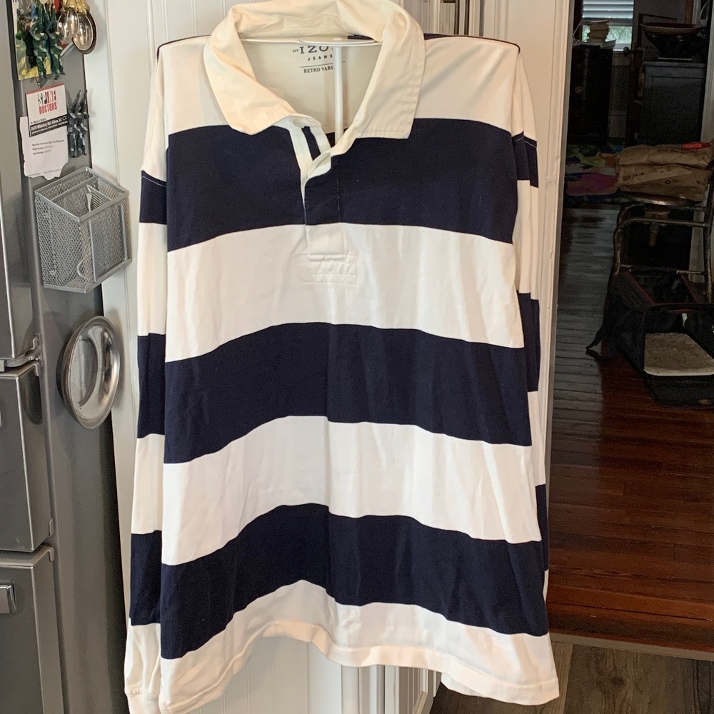 Izod Men's Navy and White Striped Rugby Shirt